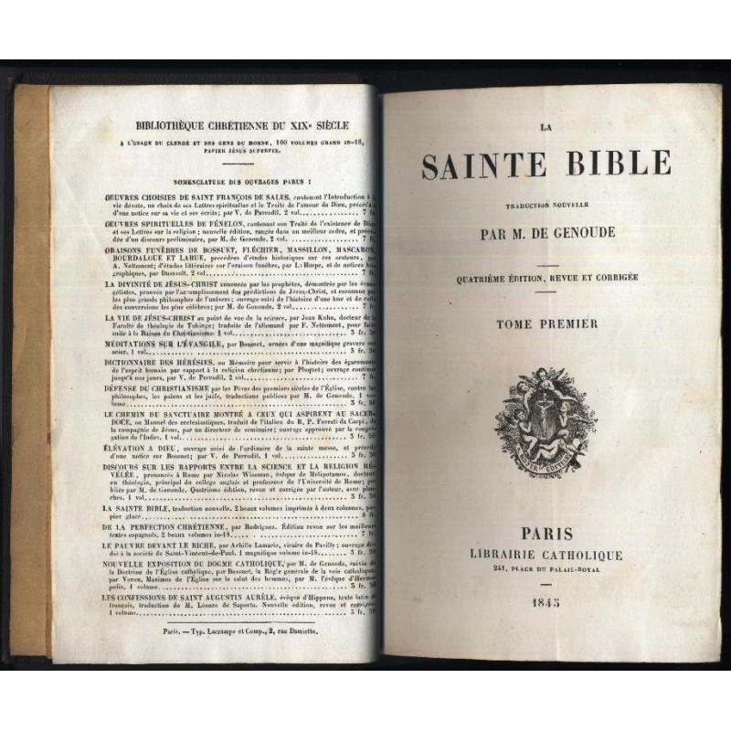 La Sainte Bible, M. de Genoude, Librairie catholique