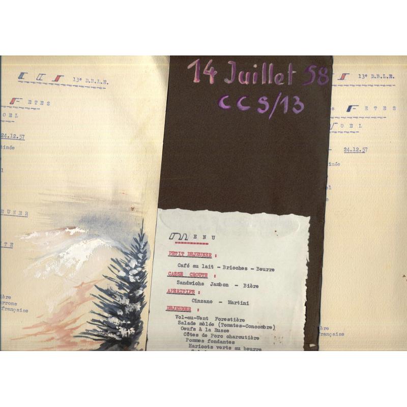 3 menus de la CCS de la 13e DBLE Noel 1957 et 14 juillet 1958