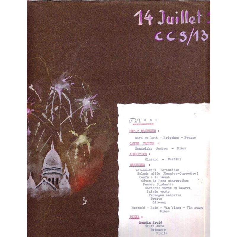 3 menus de la CCS de la 13e DBLE Noel 1957 et 14 juillet 1958