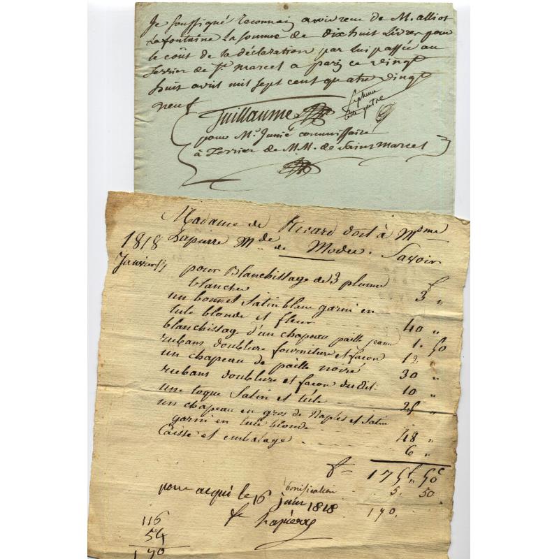 5 Vieux papiers droit privé notarié du XVIIIè siècle dont reçu Mr de Luxembourg