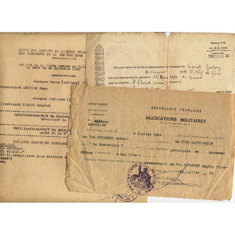Ensemble de papiers militaires 1921-1954 avec enveloppes 