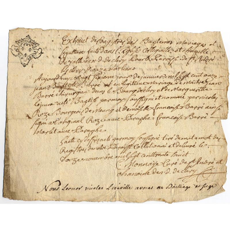 Extrait de baptème de Jean-Baptiste Barré à la collégiale de Clery (centre)