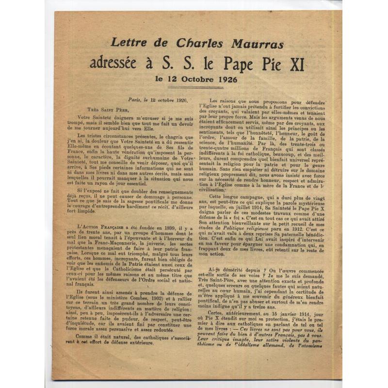 Lettre de Charles Maurras adressee à S.S. le Pape Pie XI le 12 octobre 1926