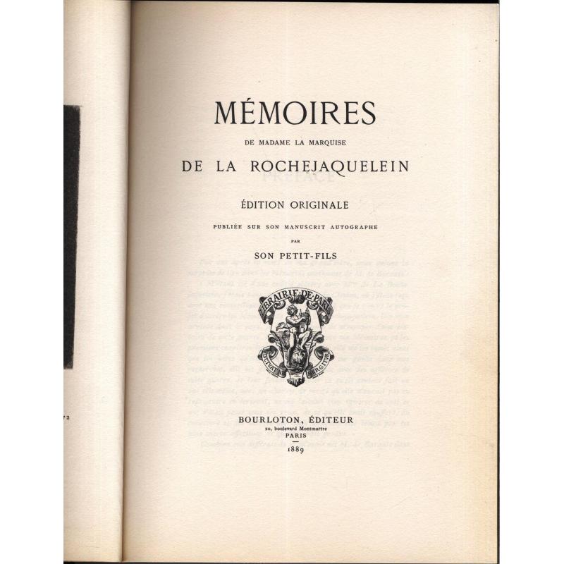 Mémoires de madame la Marquise de La Rochejaquelein reprint 1889